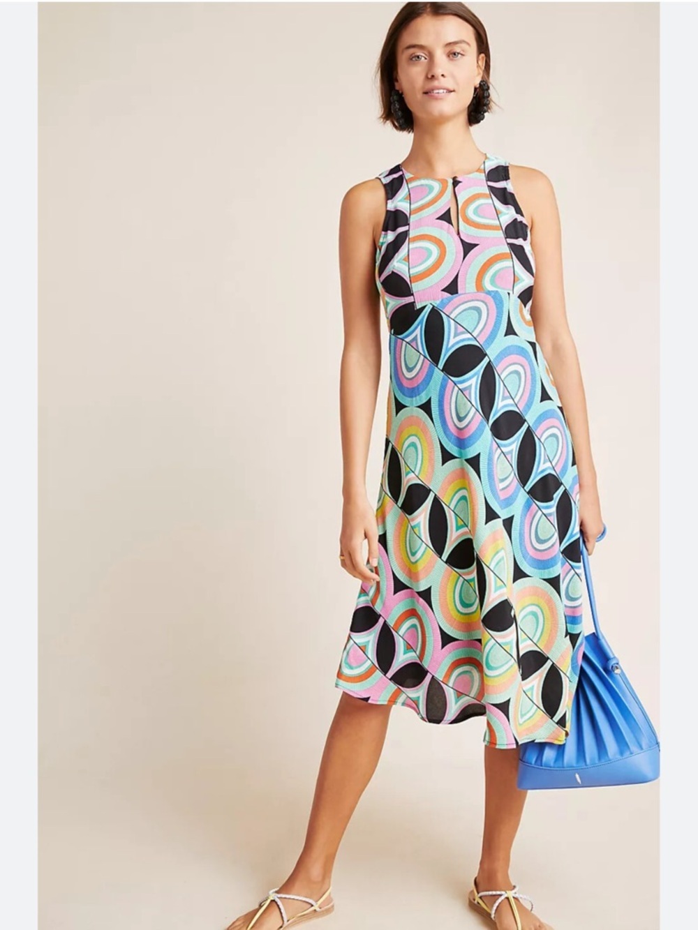 Anthropologie Kenzie Asymmetrical Midi Dress 12 retro geometric print colorful - Picture 3 of 13
